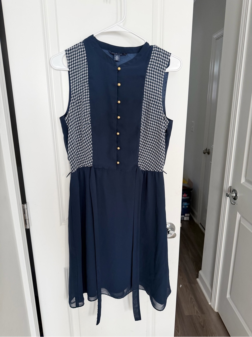 Tommy Hilfiger Navy Dress with Houndstooth Trim and Gold Buttons